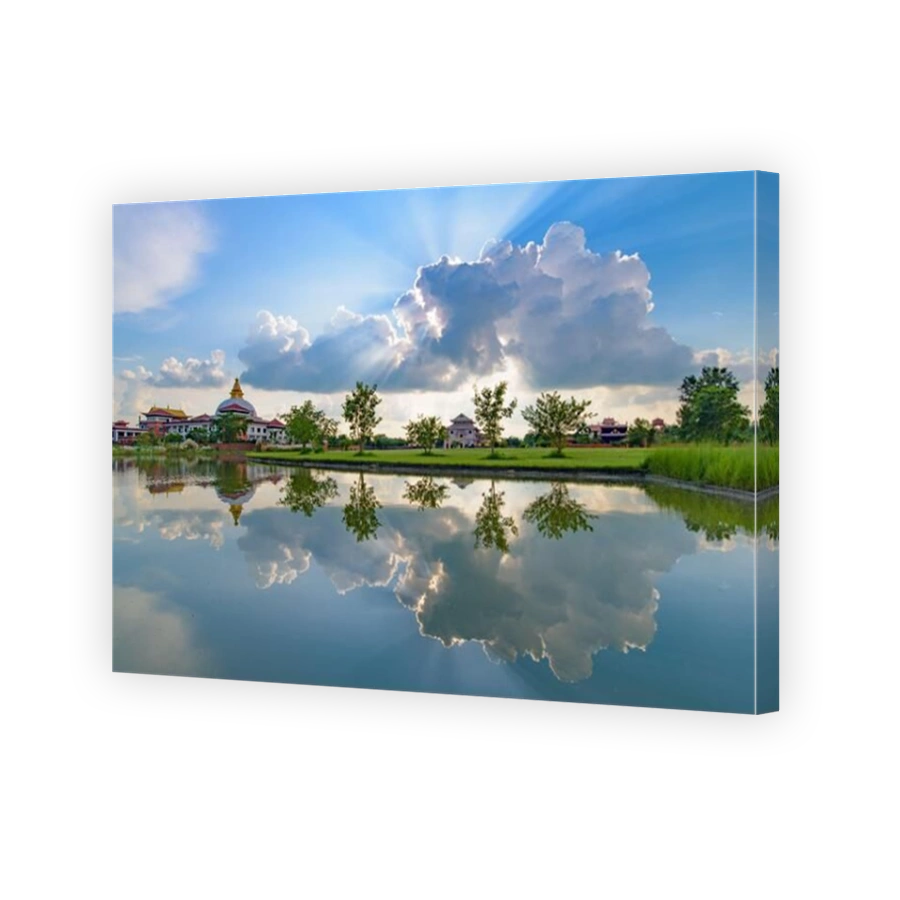 Reflection of a Buddhist temple on water at Lumbini, Nepal, the birth place of Buddha