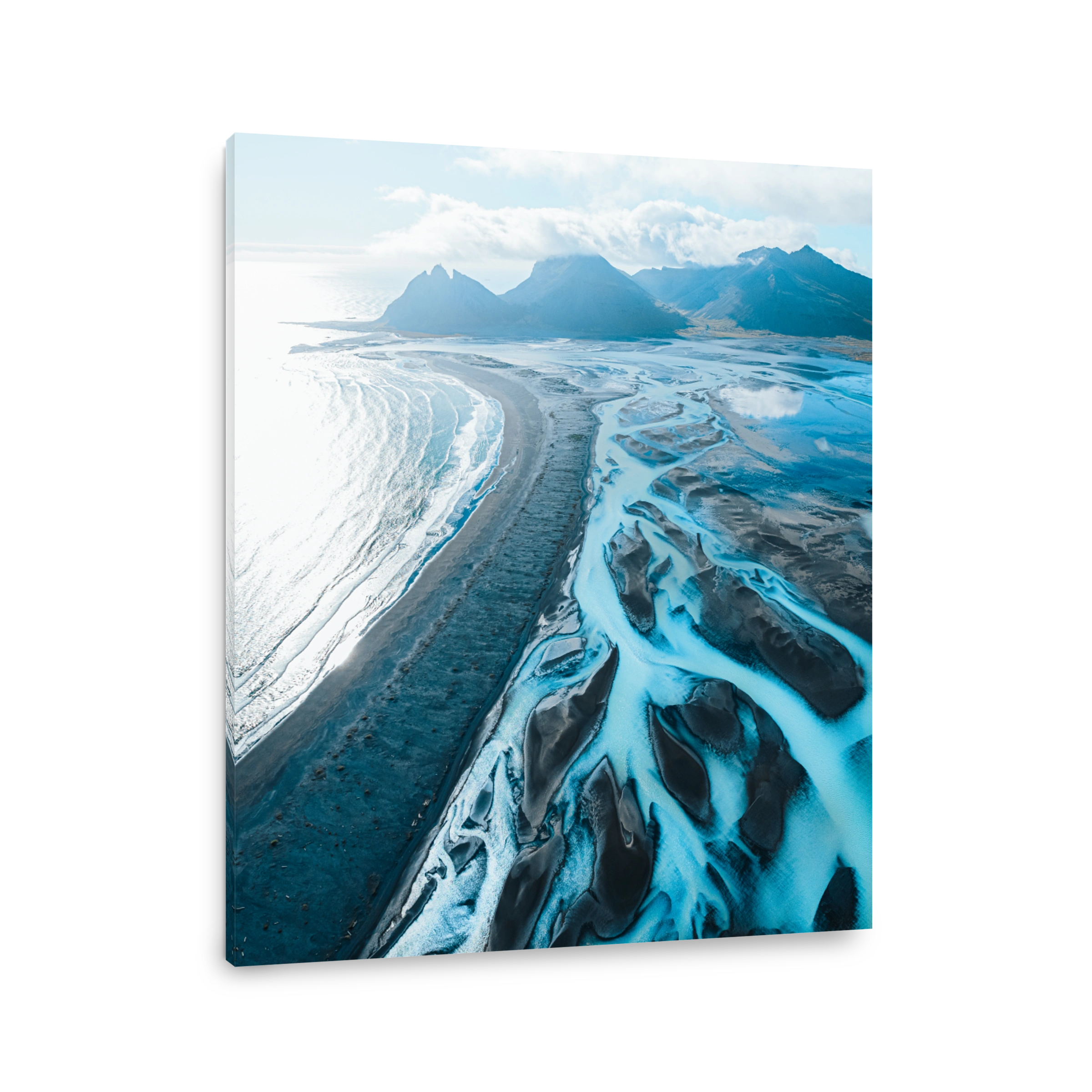 Aerial view of braided river in Icelandic landscape