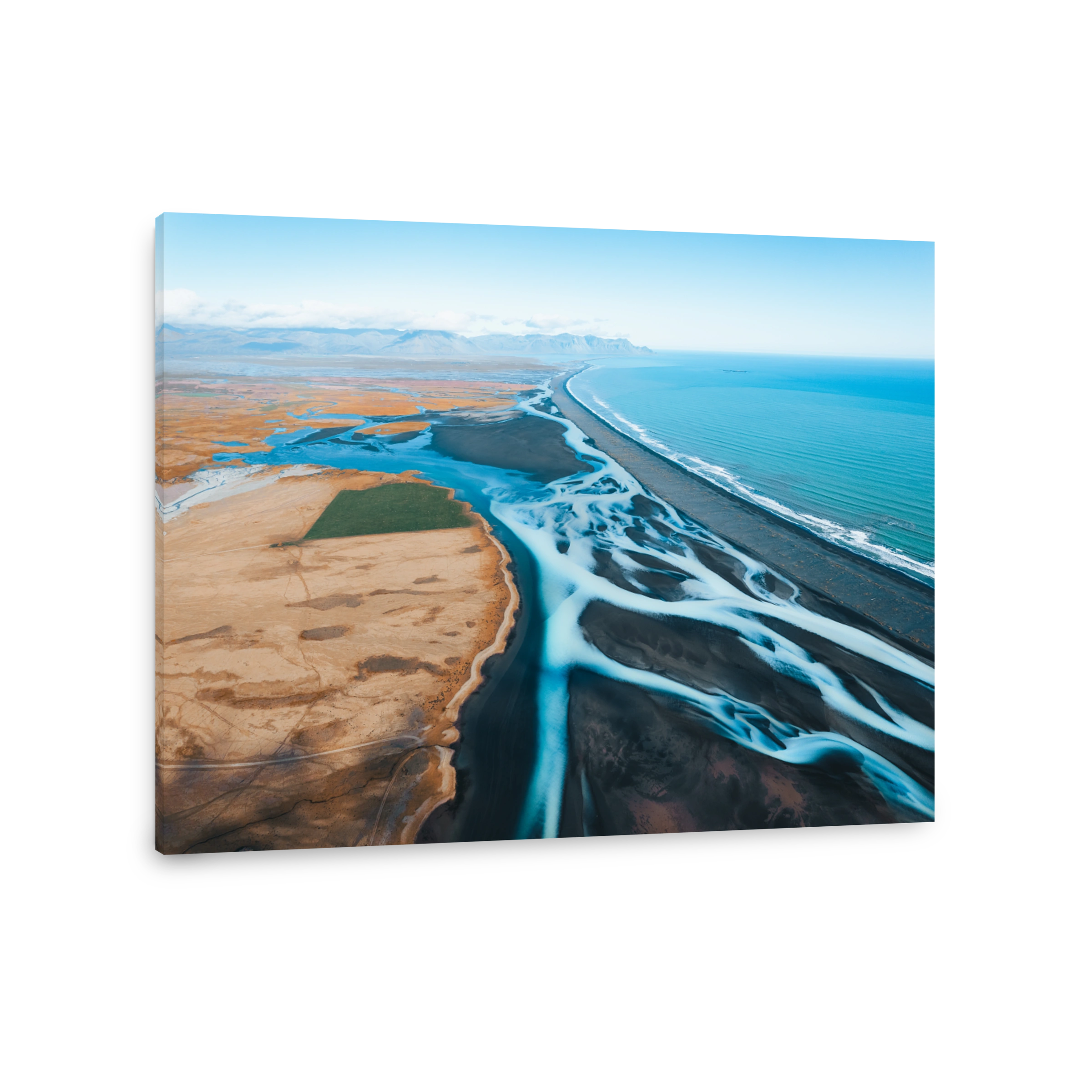 Aerial view of braided river in Icelandic landscape