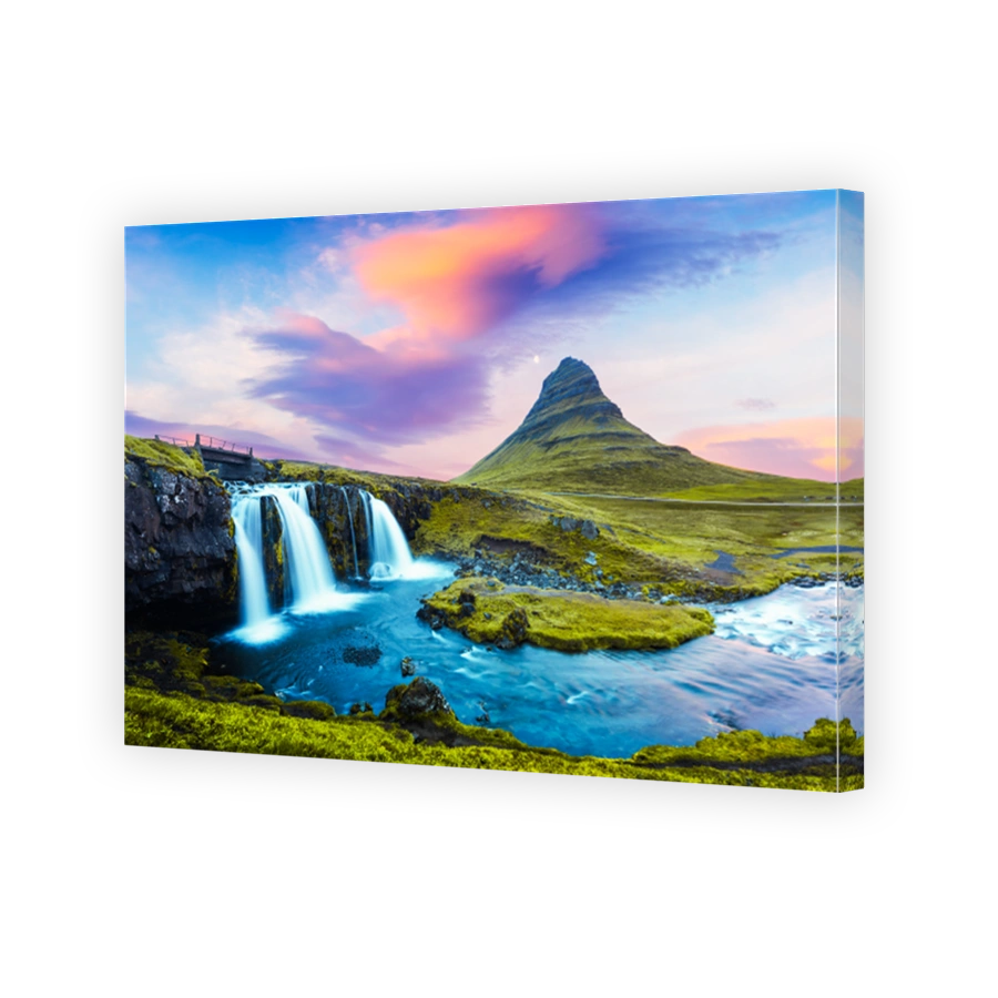 Colorful sunrise on Kirkjufellsfoss waterfall