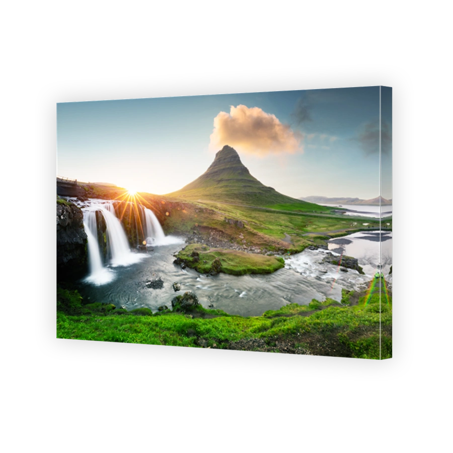 Colorful sunrise on Kirkjufellsfoss waterfall