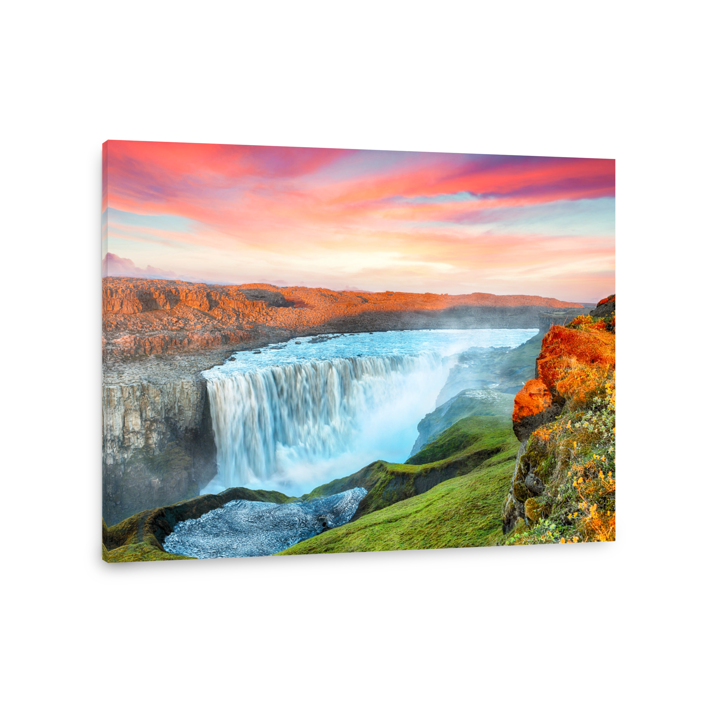 Breathtaking sunset view of the most powerful waterfall in Europe called Dettifoss