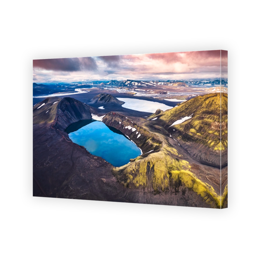 Hnausapollur or Blahylur volcano crater with blue pond on Icelandic highlands in the sunset on summer at Iceland