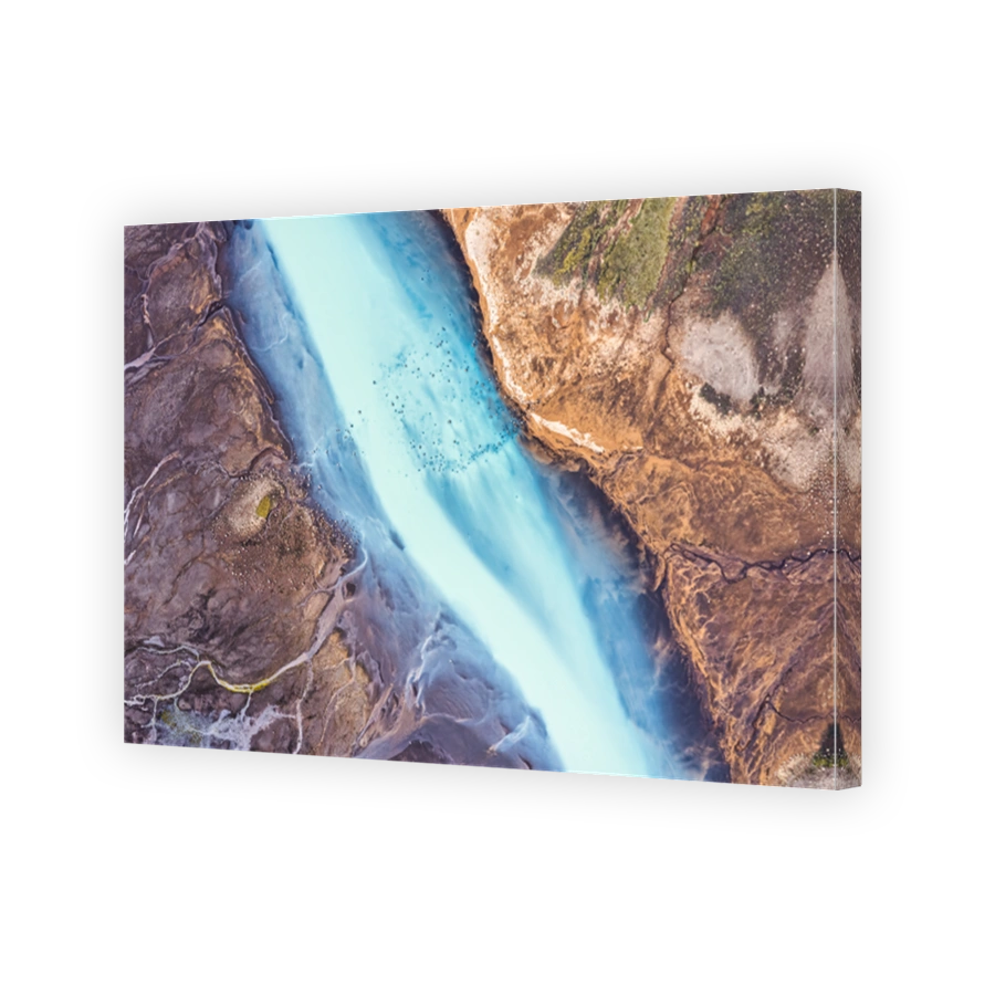 Beautiful turquoise lake river flowing from glacier in Icelandic highlands on summer at Iceland