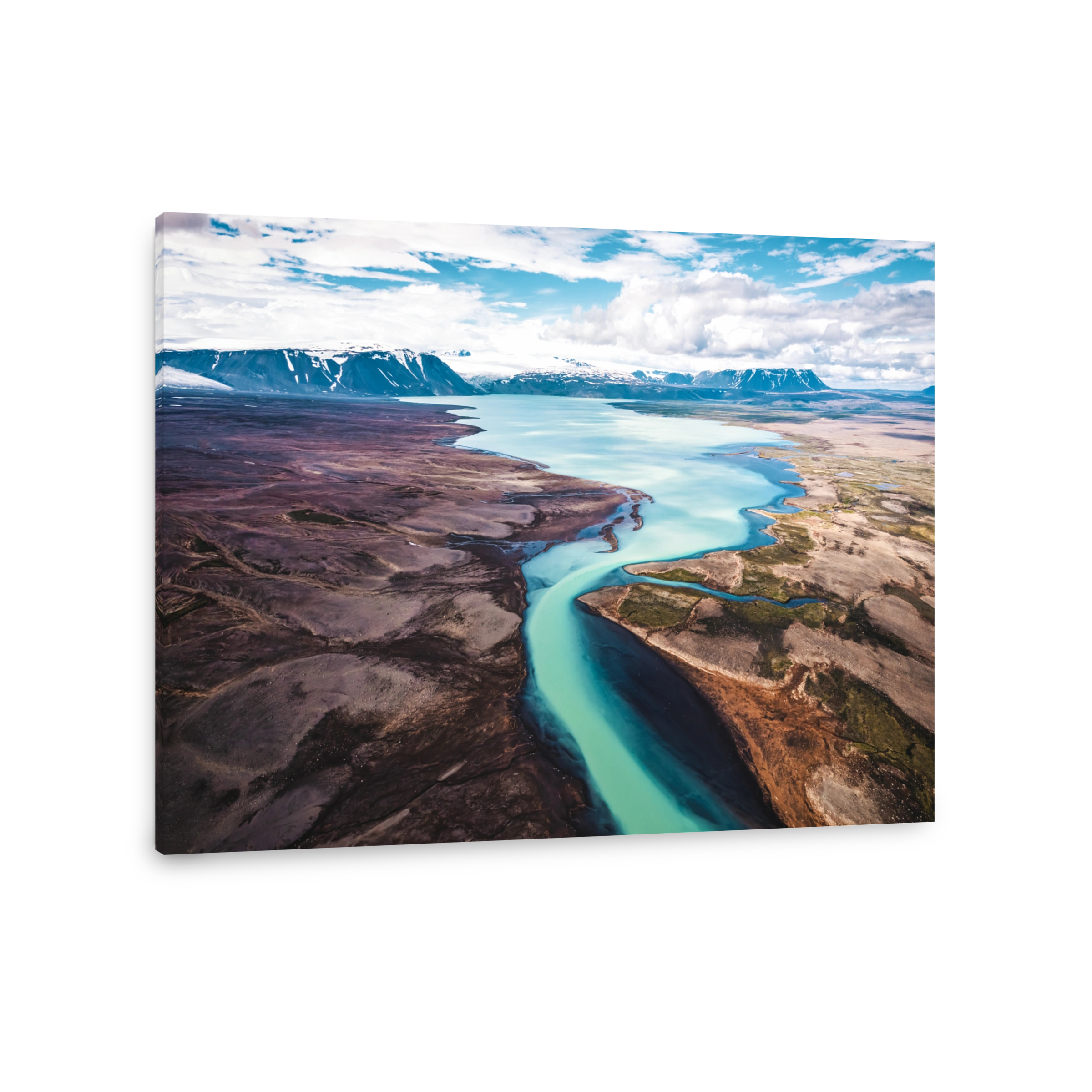 Aerial view of Hvitarvatn turquoise lake river and glacier mountain on sunny day in Icelandic highlands on summer at Iceland