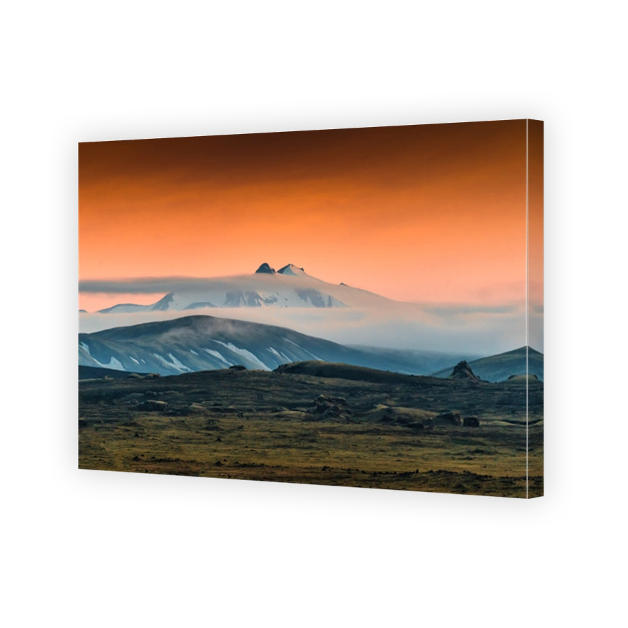 Volcanic mountain glacier with foggy blowing and lava field in Icelandic highlands on summer at Iceland