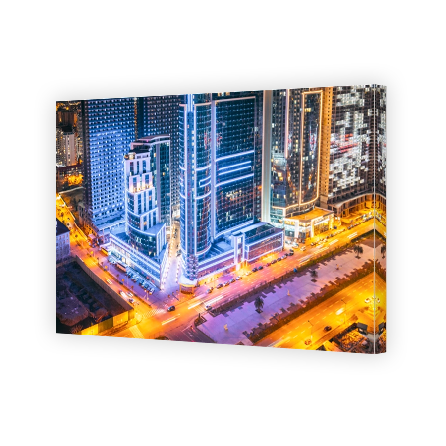 Street Night Time Lapse. 5k Night View Scenic Of highrise houses timelapse time lapse. City Traffic and highrise houses. Elevated View Cityscape Skyline. Night Light Lighting timelapse. Night Yellow Illumination reflected in Skyscrapers windows