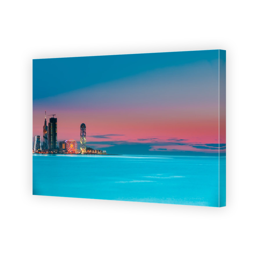 Batumi, Adjara, Georgia. Colorful Bright Evening Sky Over Resort Town At Sunset Or Sunrise. Cityscape With Modern Urban Architecture Skyscrapers