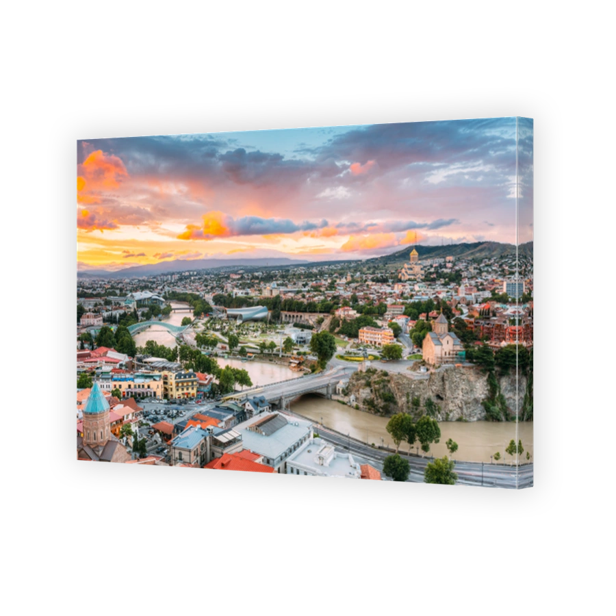 Evening View Of Tbilisi At Colorful Sunset. Georgia. Summer Cityscape.