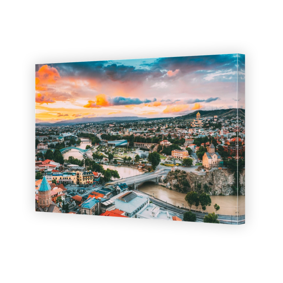 Evening View Of Tbilisi At Colorful Sunset. Georgia. Summer Cityscape.