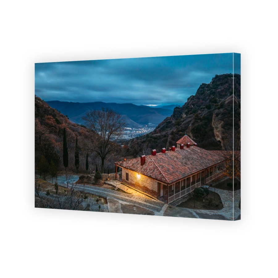 Mtskheta, Georgia. Shio-Mgvime Monastery. Upper Church Of Holy Virgin Or Theotokos, Central Part Of Medieval Monastic ShioMgvime Complex In Limestone Canyon In Autumn Sunset. Colorful Sky Above Famous Place