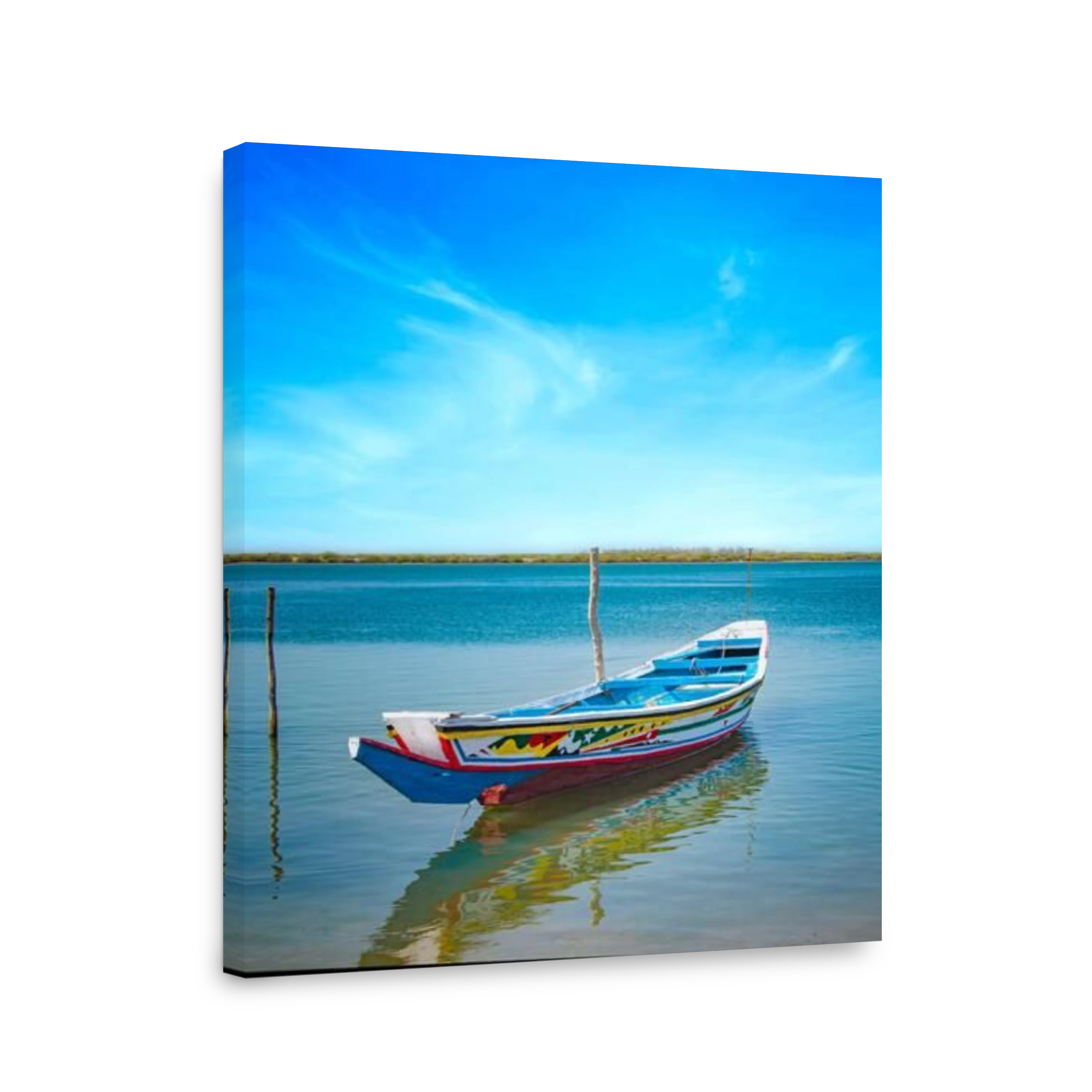Traditional colorful wooden boat on the river in sea lagoon and a beautiful sky in the background, Africa, Senegal. It is a sunny day.