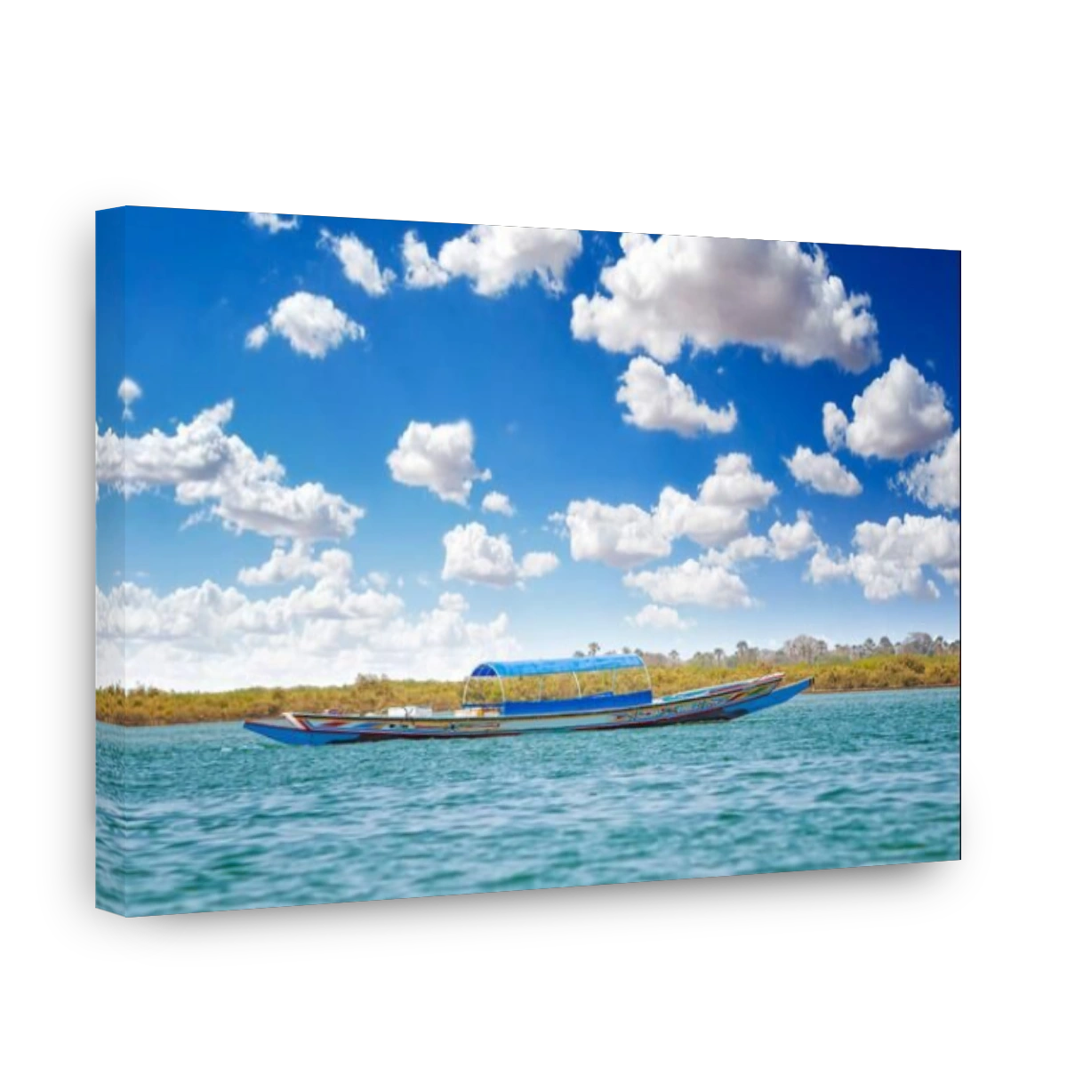 Traditional colorful wooden boat on the river in sea lagoon and a beautiful sky in the background, Africa, Senegal.