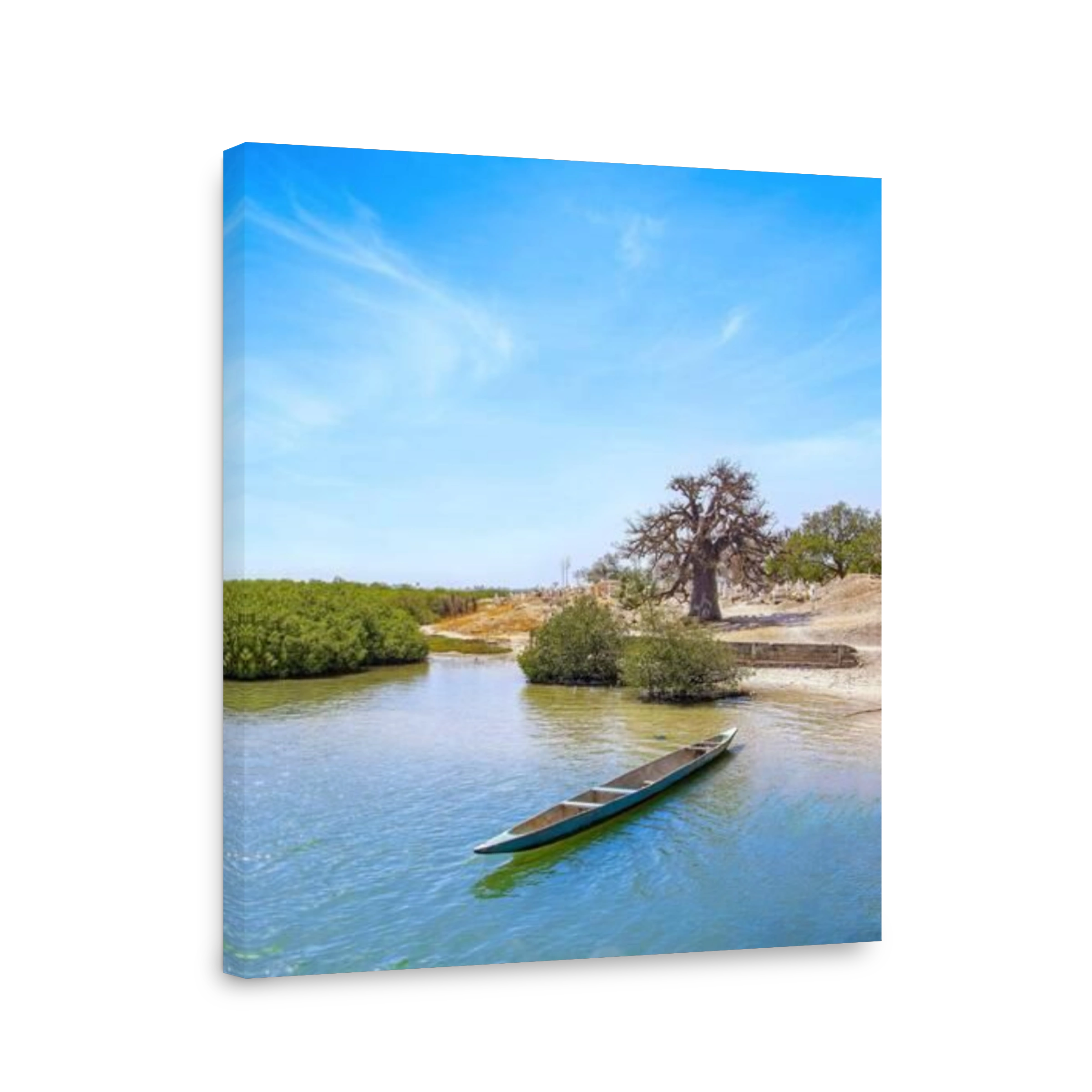 Traditional colorful wooden boat on the river in sea lagoon and a beautiful sky in the background, Africa, Senegal.