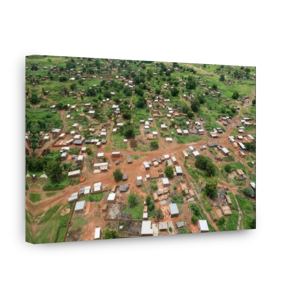 Aerial view of houses in a village in Mouhoun Province, Burkina Faso, West Africa.