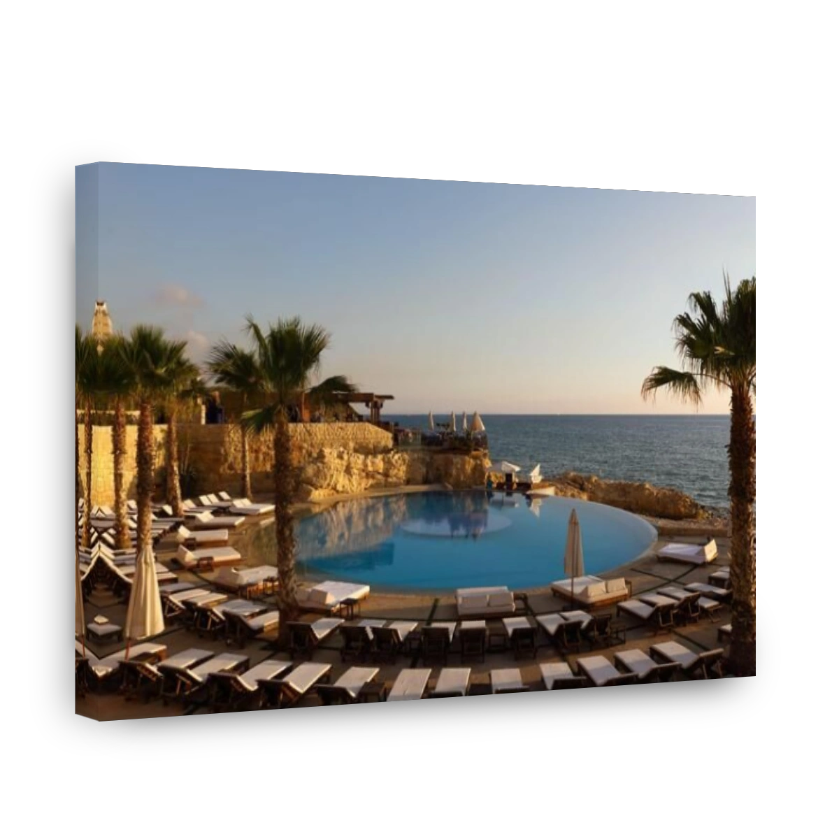 Jbeil, Lebanon - May 28, 2017: Beautiful pool deck and view of mediterranean sea from Jbeil beach.