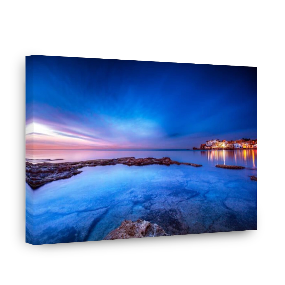 Coastal city on sunset, view on Batroun and mediterranean sea, glowing lights from the houses at night, Batroun is a coastal city in northern Lebanon