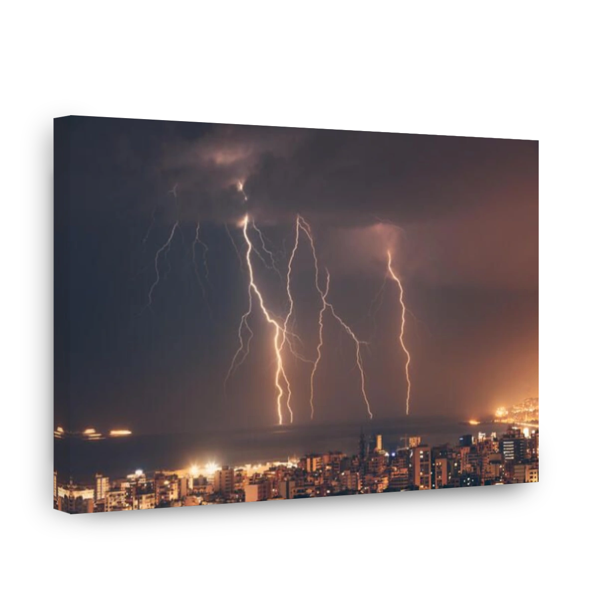 Beautiful lightning over night city, amazing cityscape with many bright zippers over it. Beirut, Lebanon