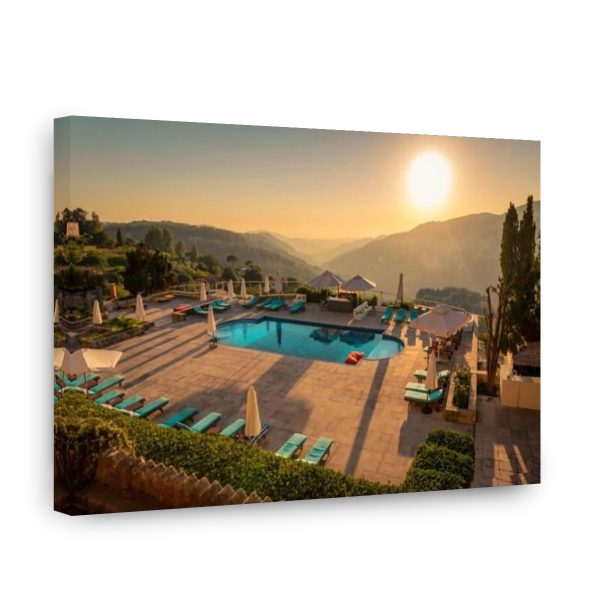 Traveling Lebanon. Pool with Refreshing Water in the Mild Sunset Light. Beautiful Resort in the Heart of the Mountains.