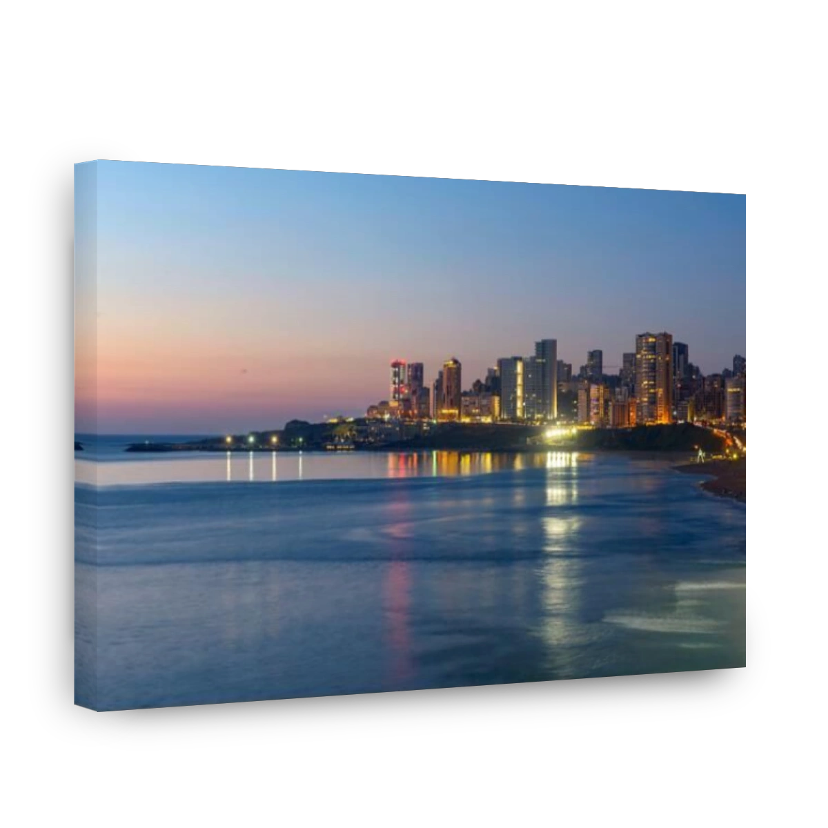 LEBANON, BEIRUT, MEDITERRANEAN SEA AND THE BEIRUT CORNICHE WITH THESE BUILDINGS AND SKYSCRAPERS AT DUSK