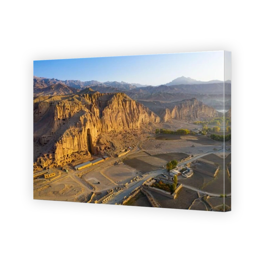Aerial by drone of the site of the great Buddhas in Bamyan (Bamiyan), taken in 2019, post destruction, Afghanistan, Asia