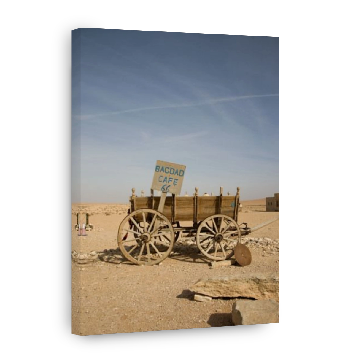 baghdad cafe sign, on wooden cart, wagon in syria.