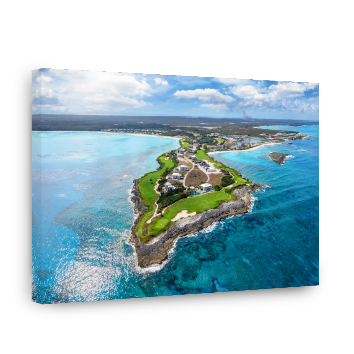 Aerial view of the beautiful Emerald Bay at Great Exuma island
