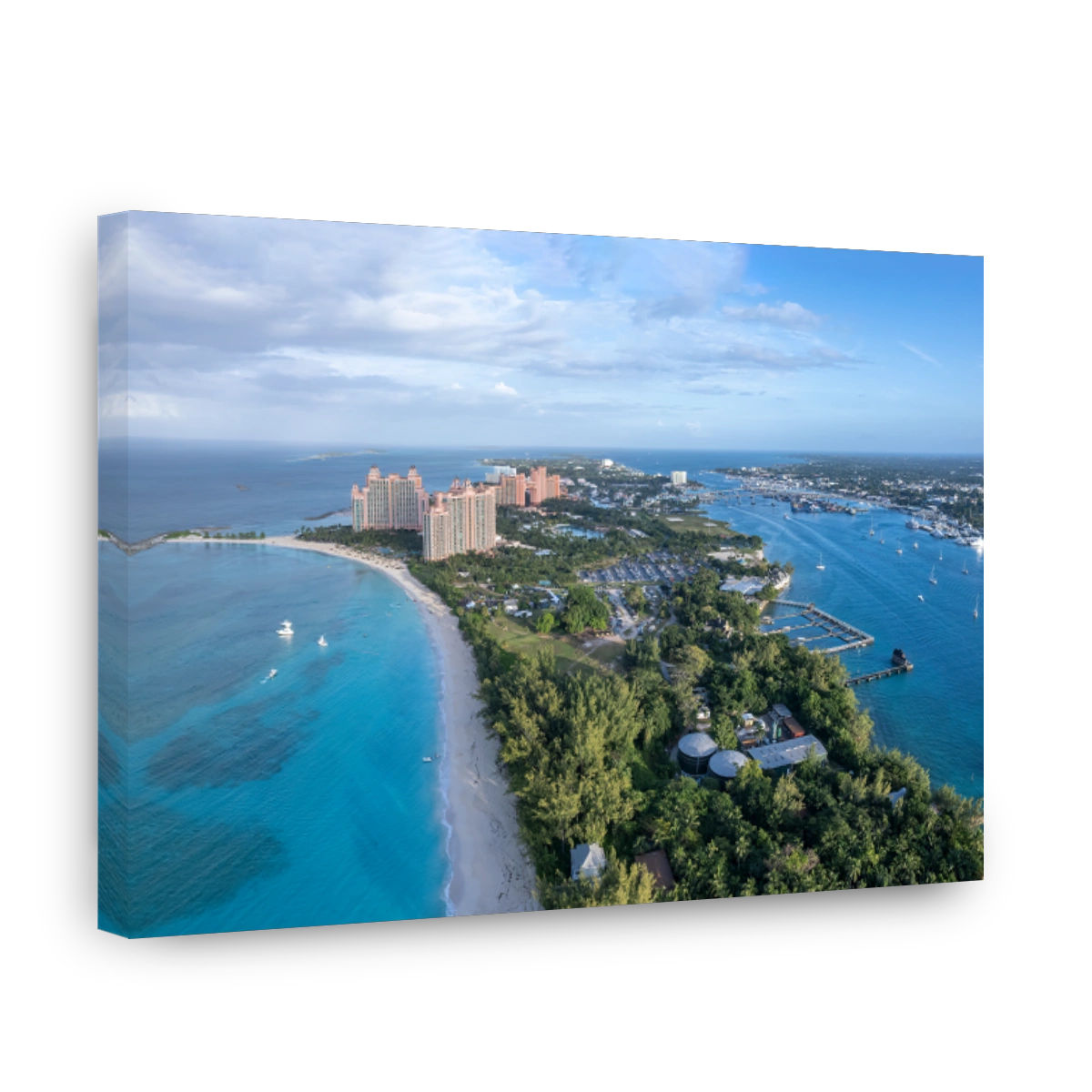 The drone aerial view of Paradise Island and Nassau port, Bahamas.