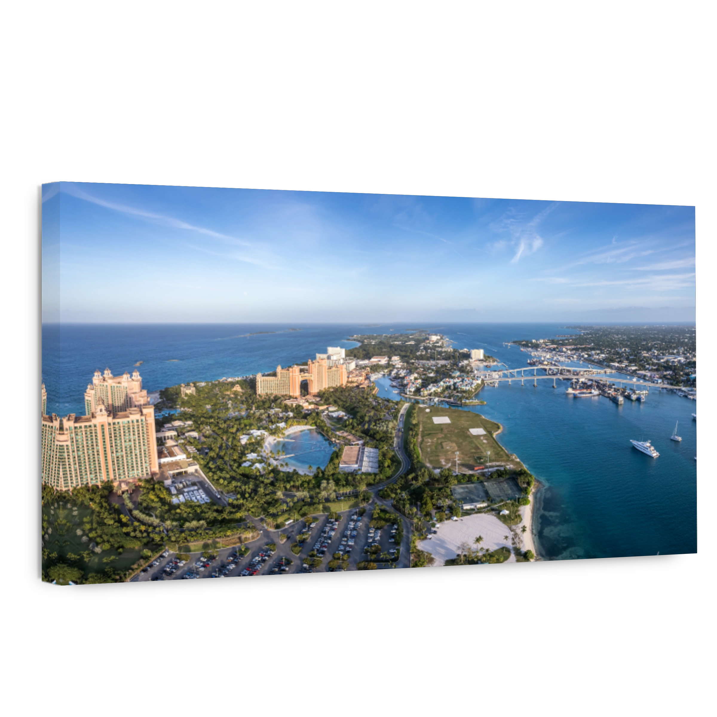 The drone aerial panoramic view of Paradise Island and Nassau port, Bahamas.