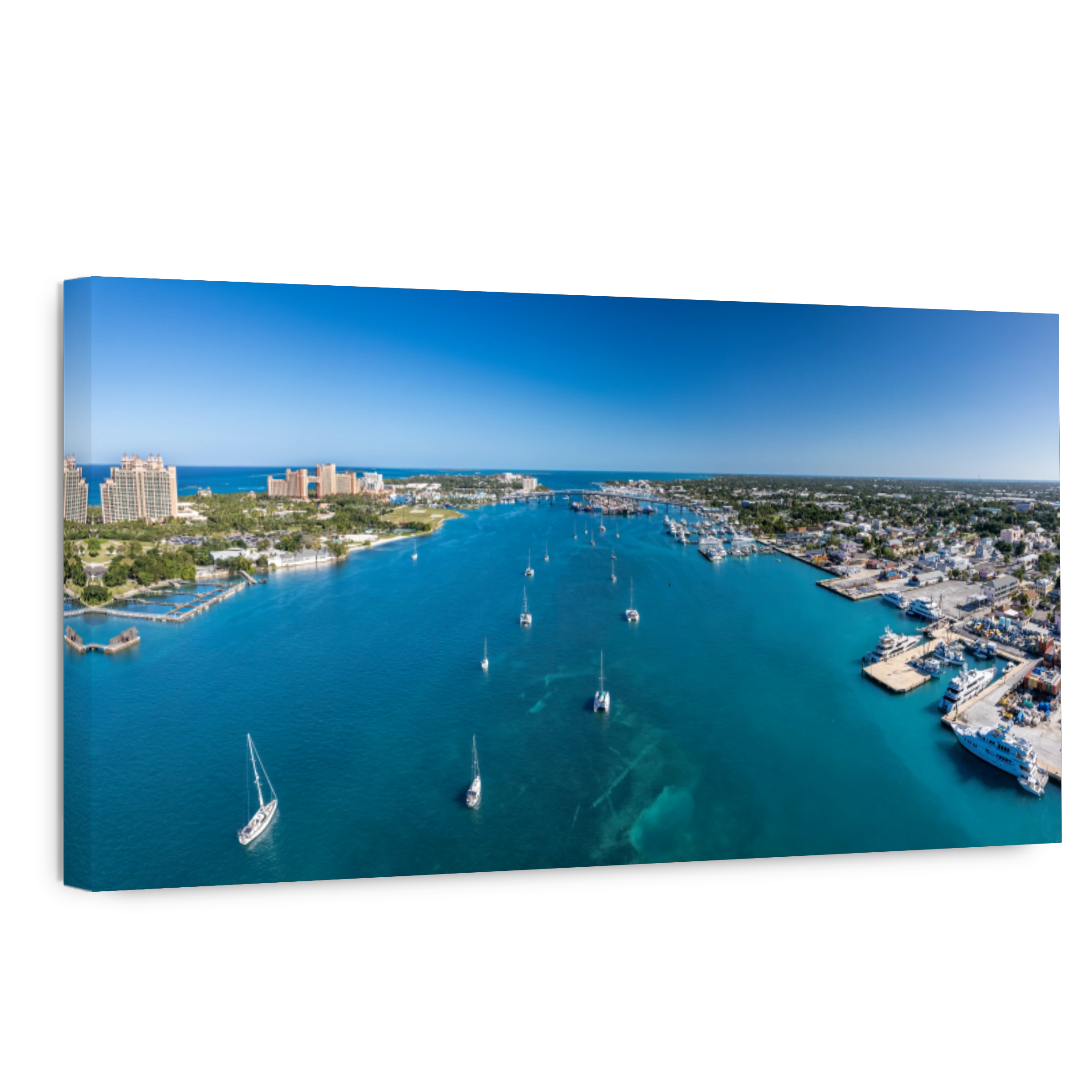 The drone pnoramic view of Paradise Island and downtown district of Nassau, Bahamas.