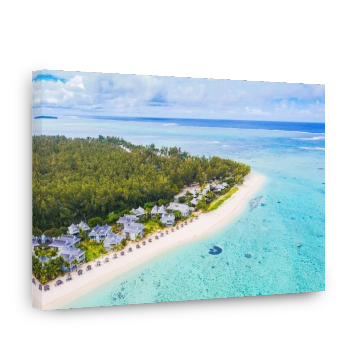 Aerial view by drone of luxury tourist resort on white sand beach, Flic en Flac, Black River district, Mauritius, Indian Ocean, Africa