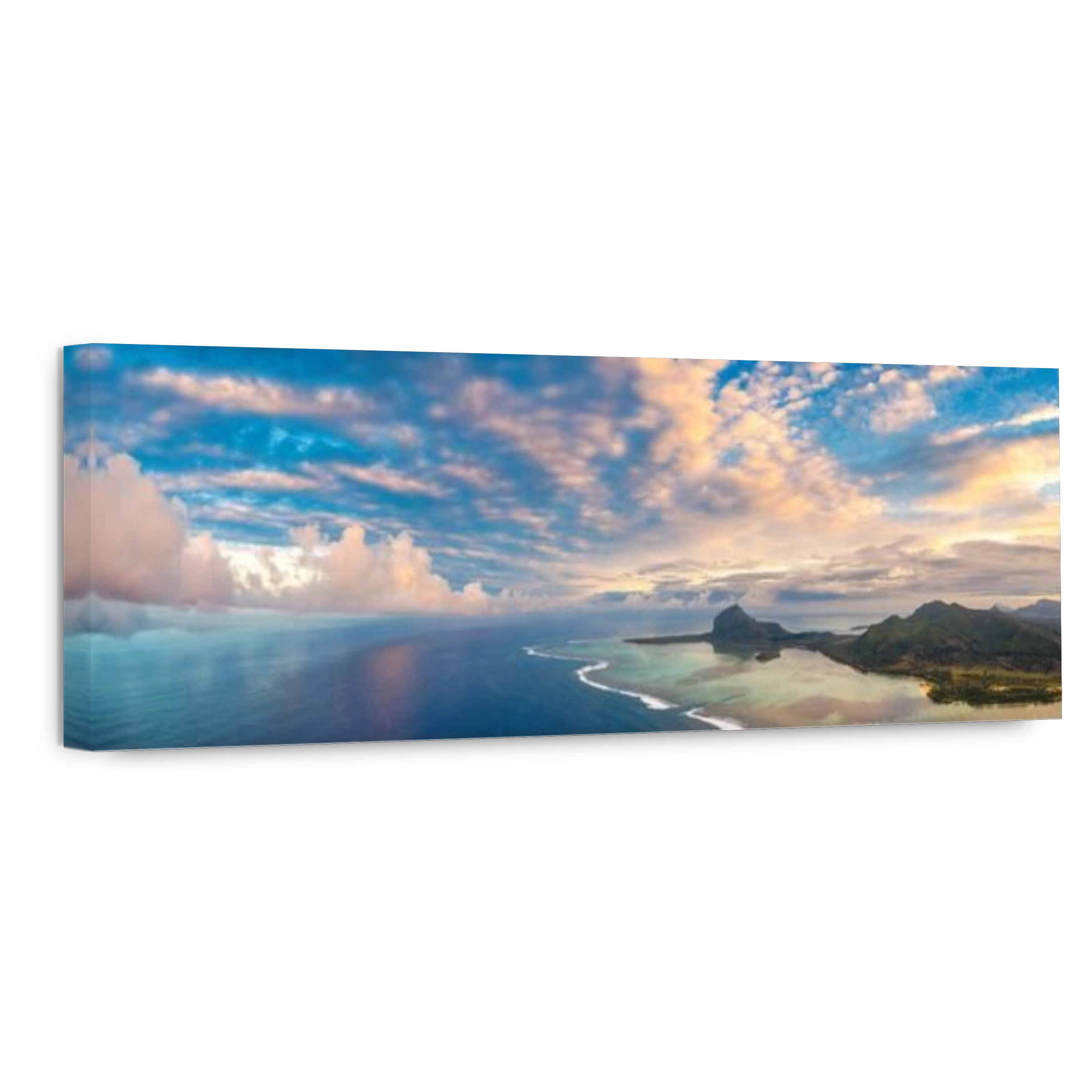 Sunrise over Le Morne and coral reef in the turquoise lagoon, aerial view by drone, Baie Du Cap, South Mauritius, Indian Ocean, Africa