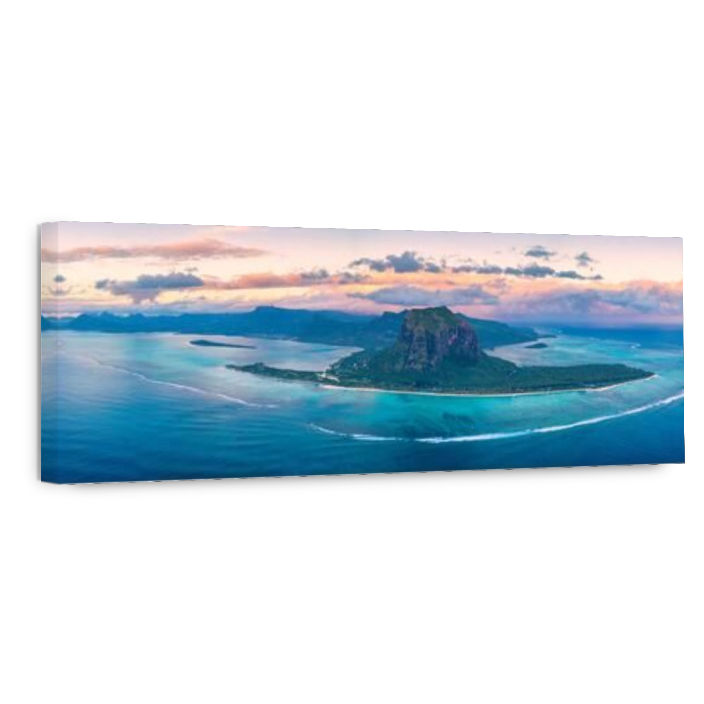 Aerial panoramic of Le Morne Brabant peninsula and coral reef, Black River district, Mauritius, Indian Ocean, Africa