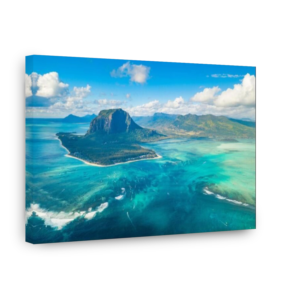 Aerial view of Le Morne Brabant and the Underwater Waterfall optical illusion and natural phenomena, Mauritius, Indian Ocean, Africa