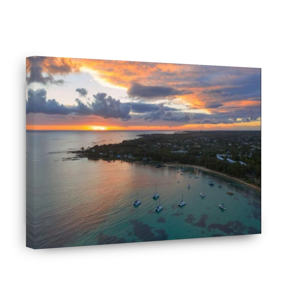 Orange sky at sunrise over the tropical beach and lagoon, aerial view, Grand Baie (Pereybere), Mauritius, Indian Ocean, Africa