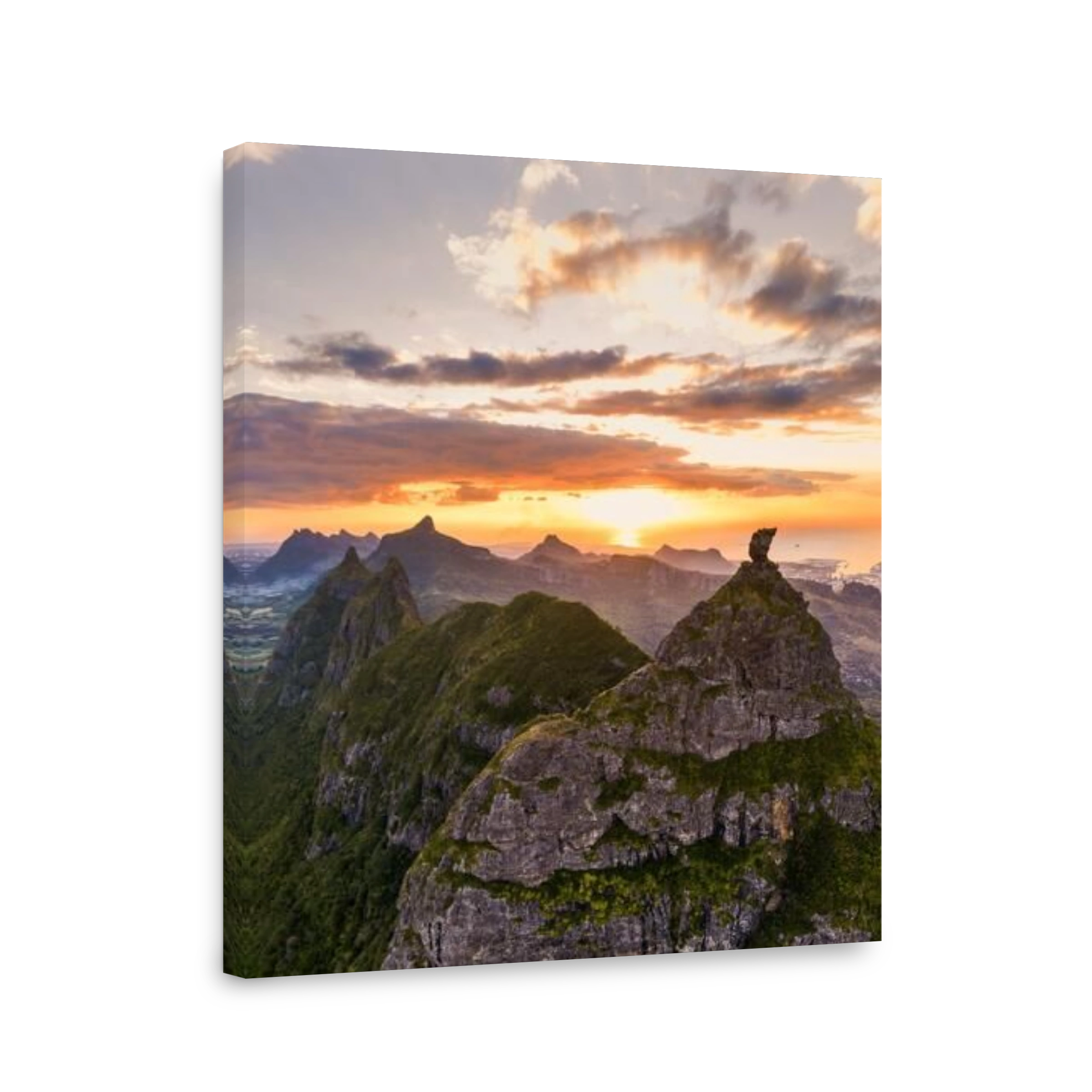 Dramatic sky at sunset over Pieter Both and Le Pouce mountain, aerial view, Moka Range, Port Louis, Mauritius, Africa