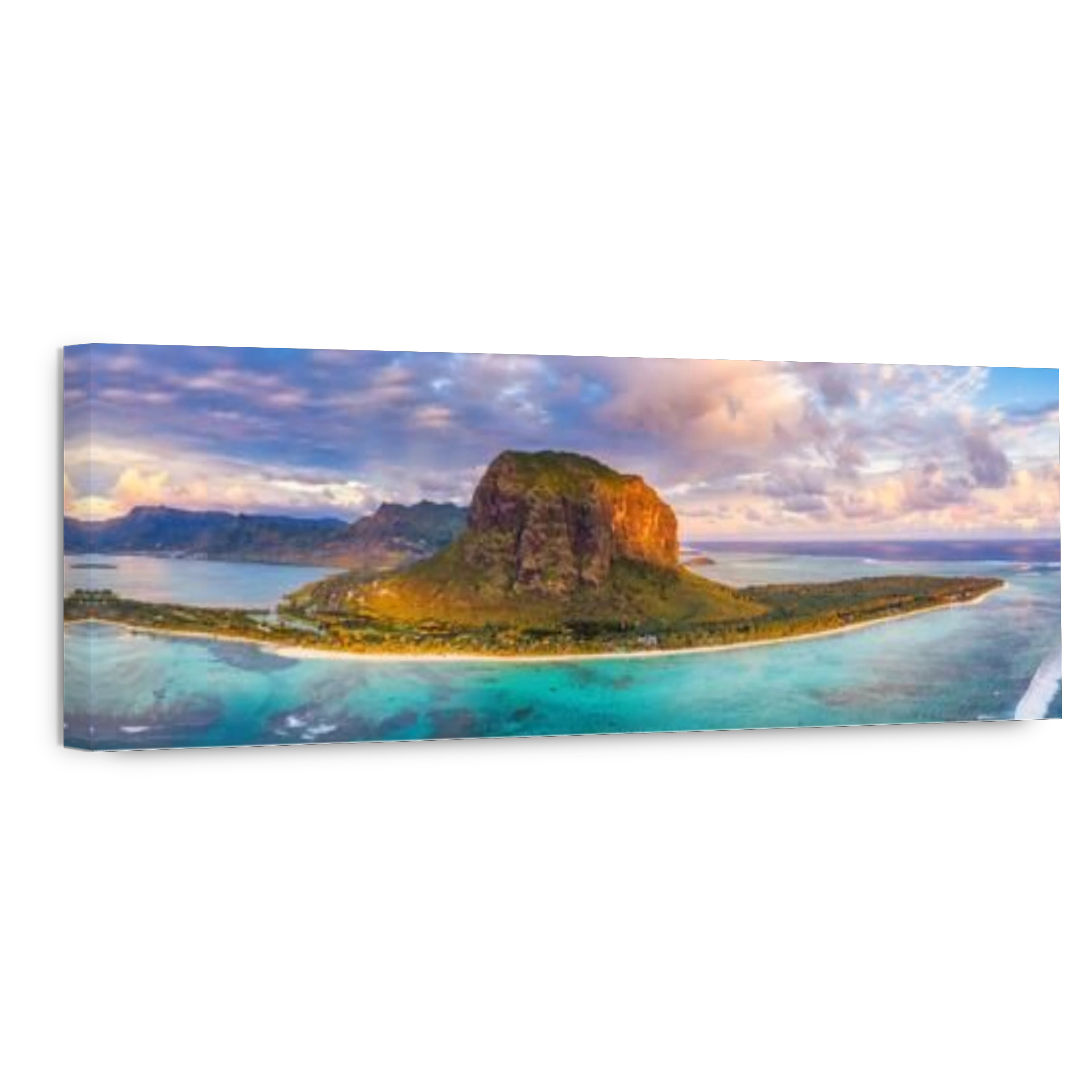 Aerial panoramic of Le Morne Brabant peninsula and turquoise coral reef at sunset, Black River, Mauritius, Indian Ocean, Africa