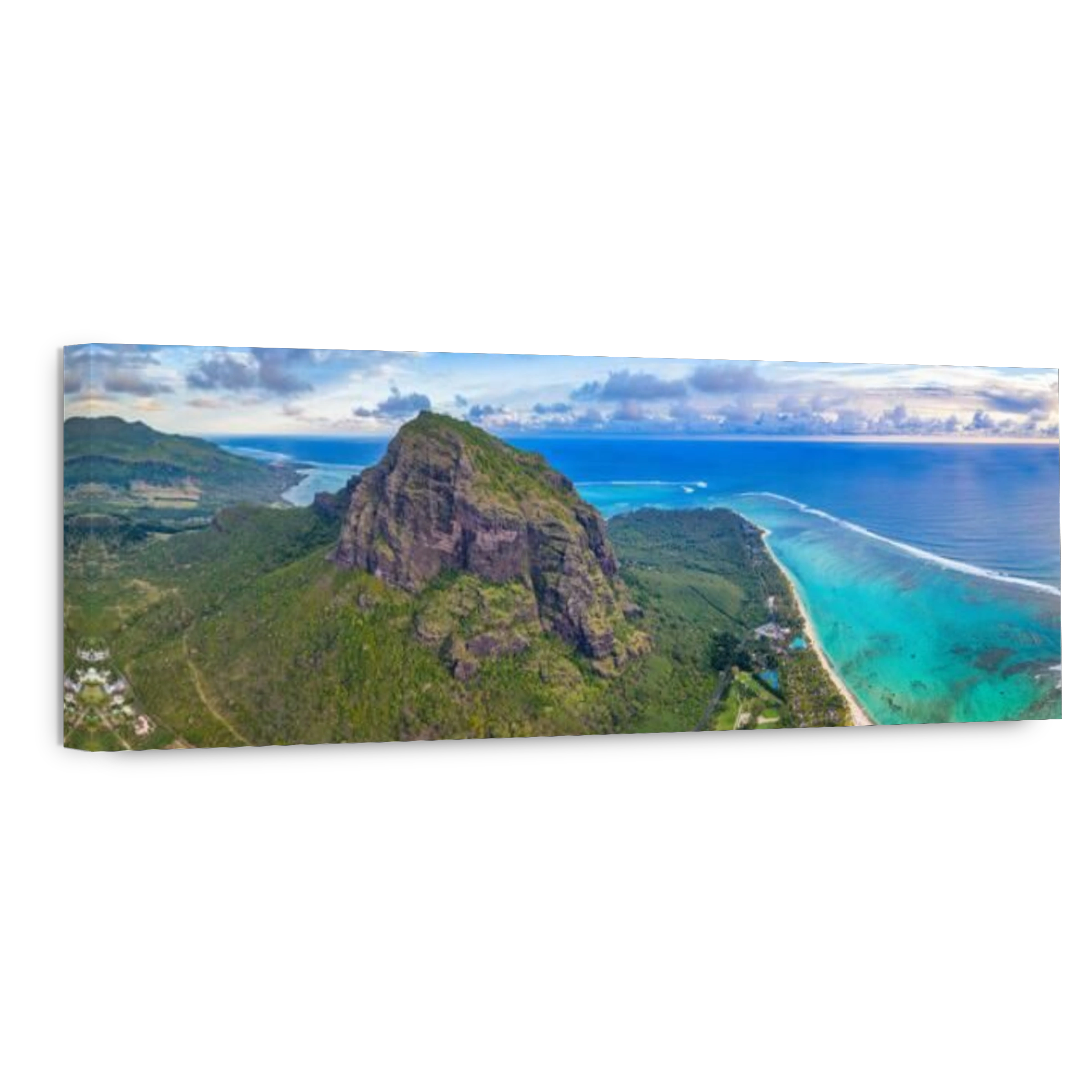 Majestic mountain overlooking the ocean and coral reef, aerial panoramic, Le Morne Brabant peninsula, Mauritius, Indian Ocean, Africa