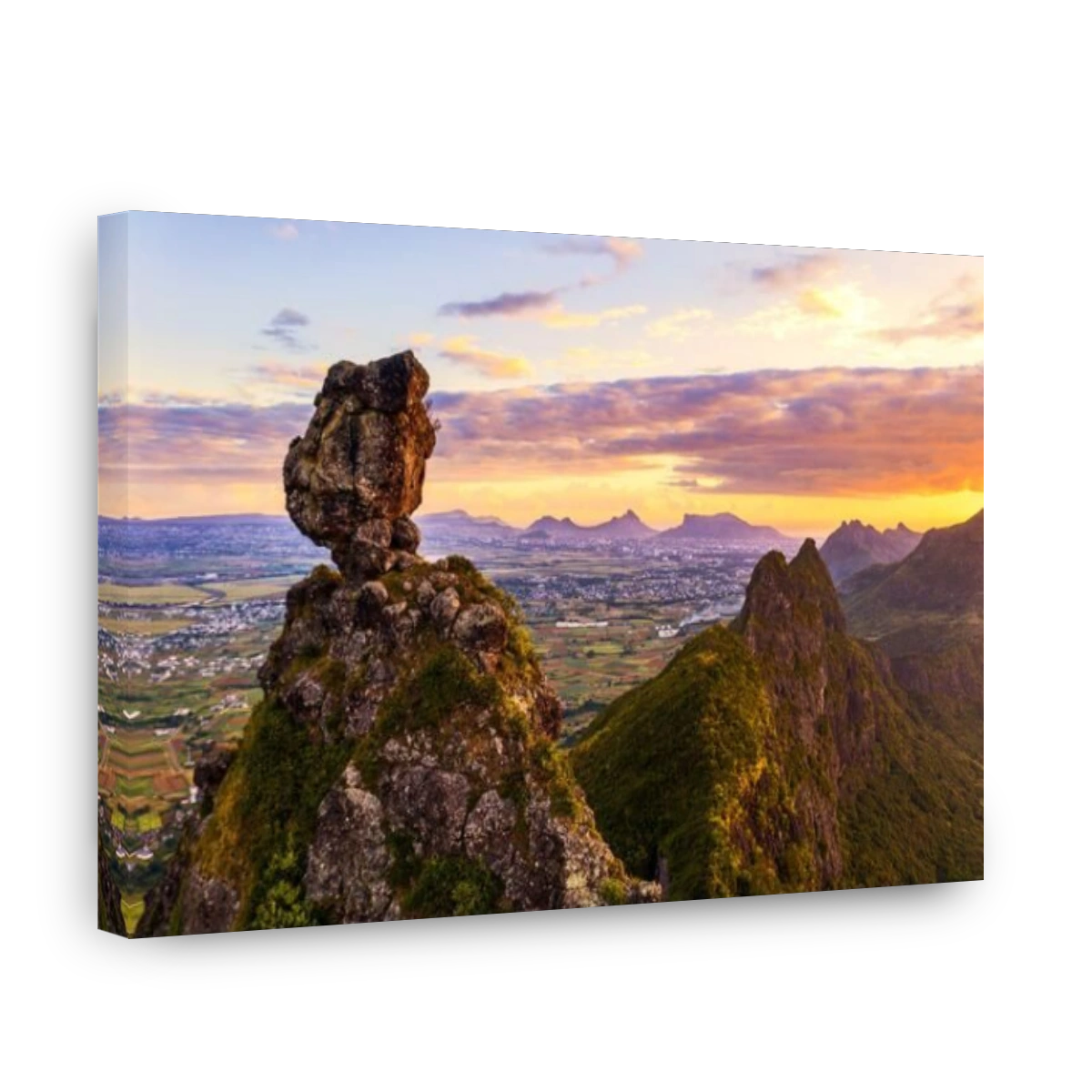 Pieter Both and Le Pouce mountain lit by the african sunset, aerial view, Moka Range, Port Louis, Mauritius, Africa