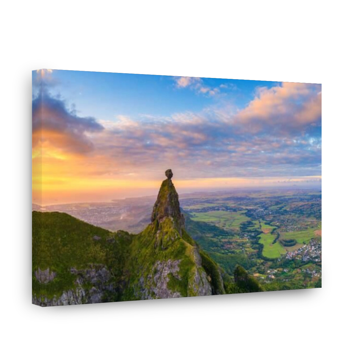 Panoramic of Le Pouce mountain and Pieter Both towards the Indian Ocean sunset, aerial view, Moka Range, Port Louis, Mauritius, Africa