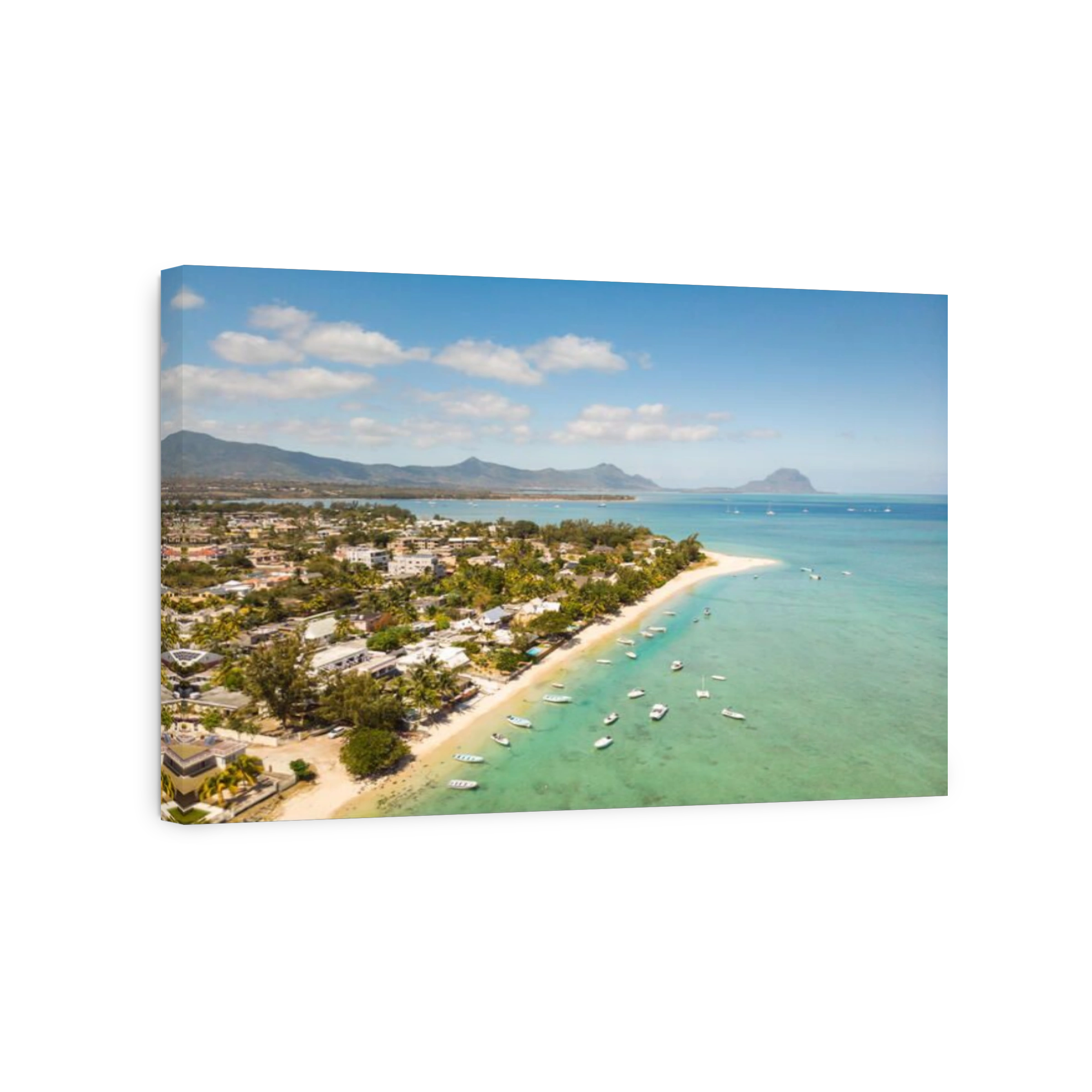 Top down aerial view of tropical beach in Black River, Mauritius island.