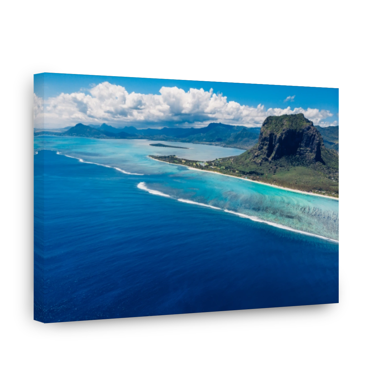 Scenic landscape of Le Morne mountain with ocean and lagoon in Mauritius island. Aerial view