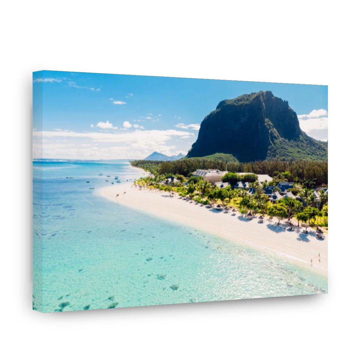 Luxury tropical beach and Le Morne mountain in Mauritius. Beach with palms and transparent ocean. Aerial view