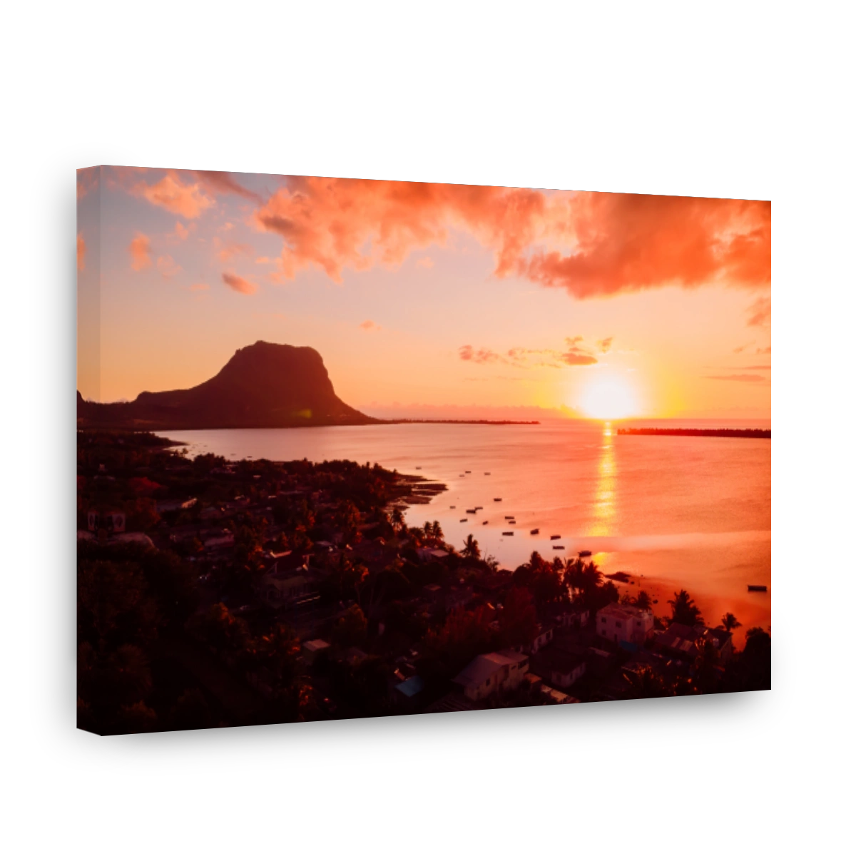 Aerial view at sunset time with Le Morn mountain in Mauritius.