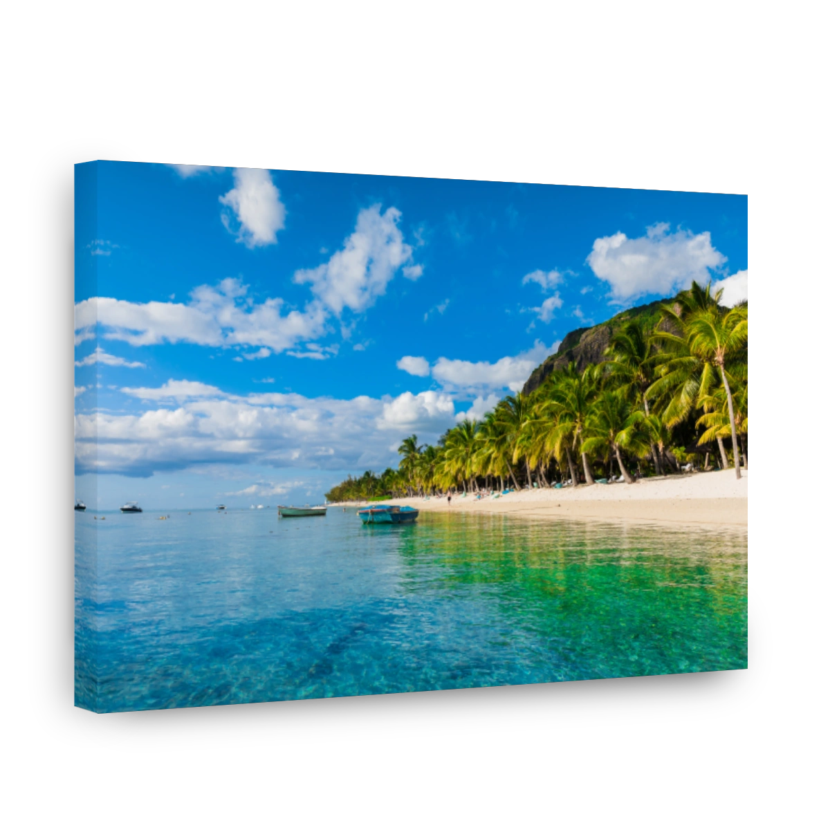 Beautiful view of the luxury beach in Mauritius. Transparent ocean, white sand beach, palms and blue sky