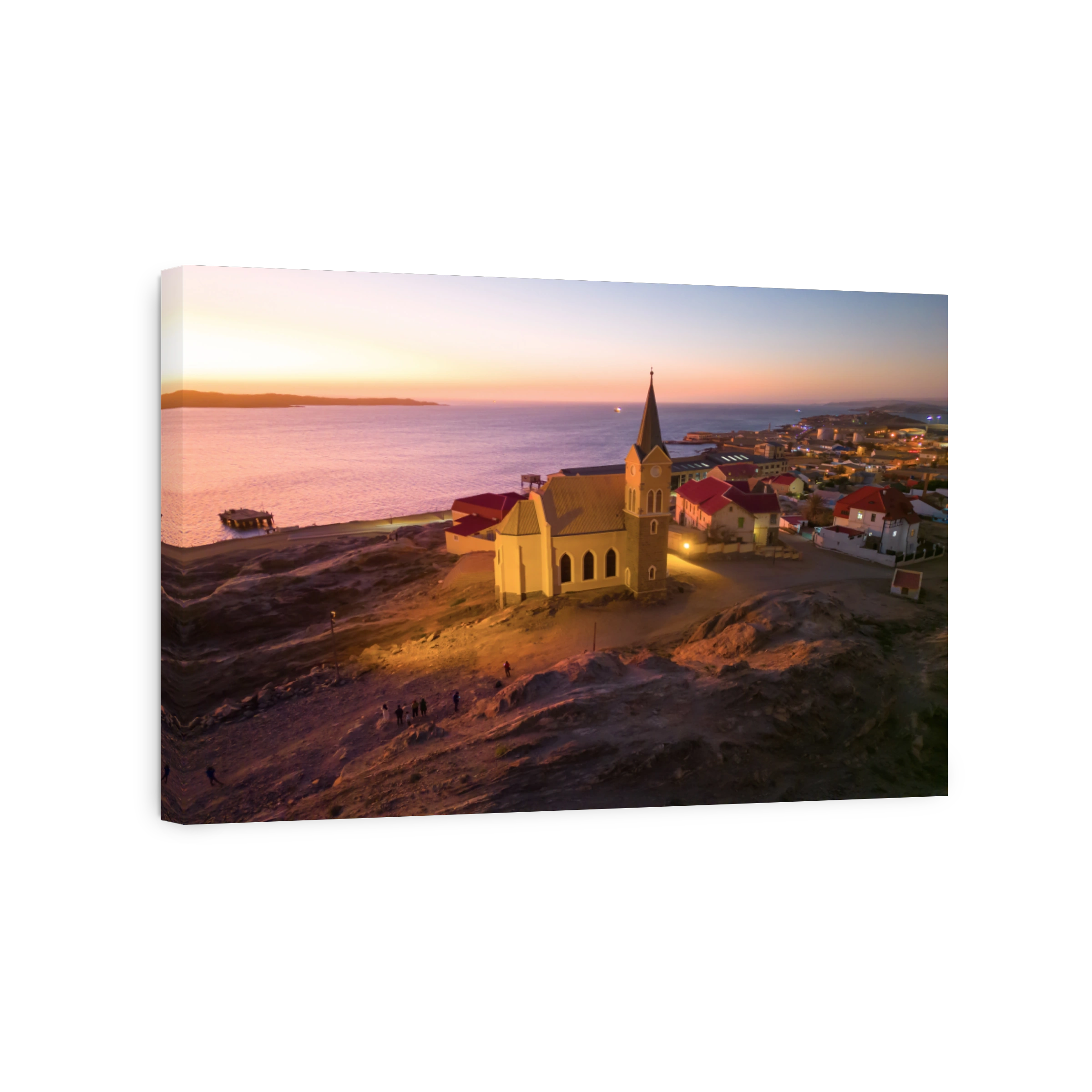 Aerial top view of Evangelical Lutheran Church in urban city town of Namibia, South Africa. Tourist attraction