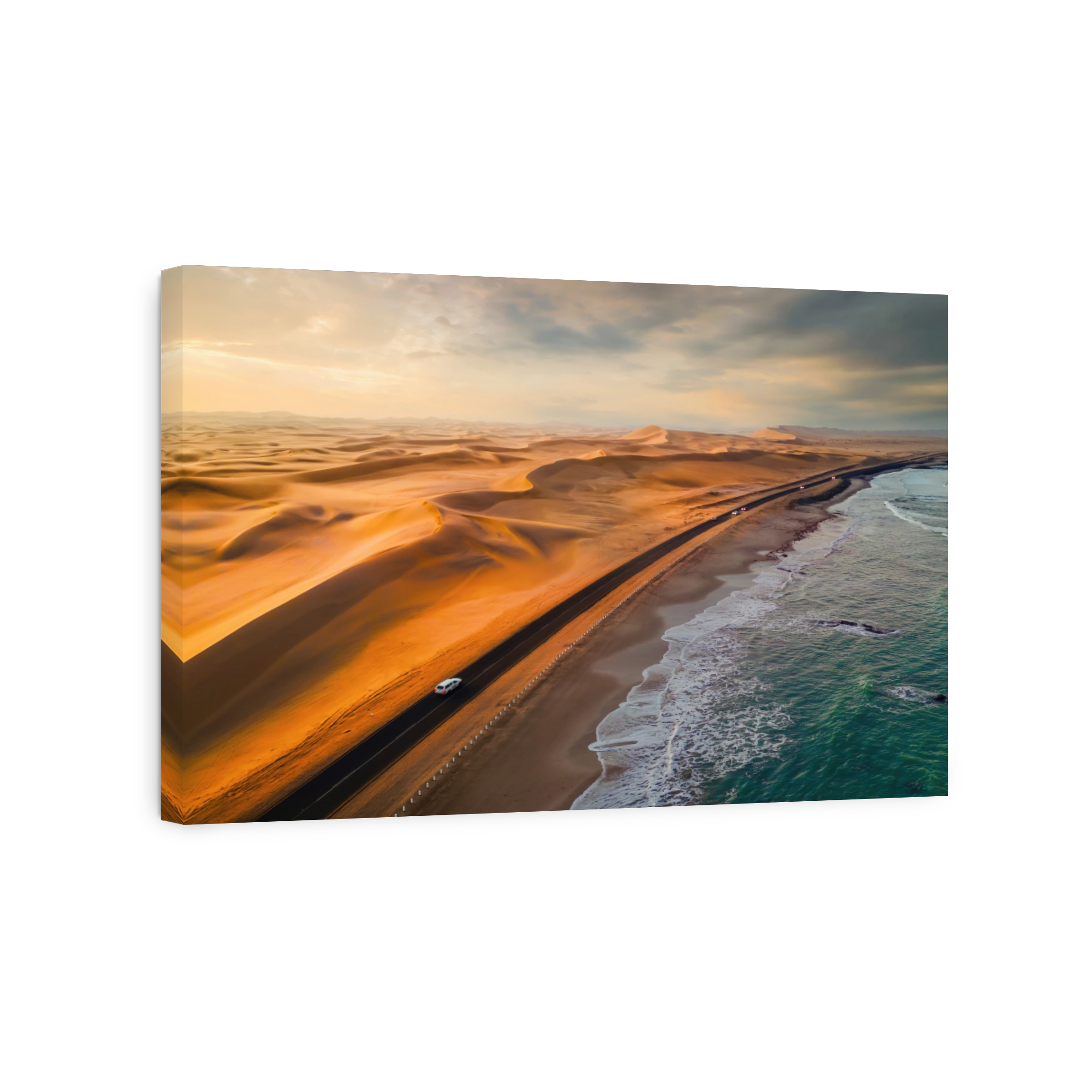 Aerial top view of street road with Namib Desert Safari, sand dune, coast sea in Namibia, South Africa. Natural landscape background at sunset. Famous tourist attraction. Sand in Grand Canyon