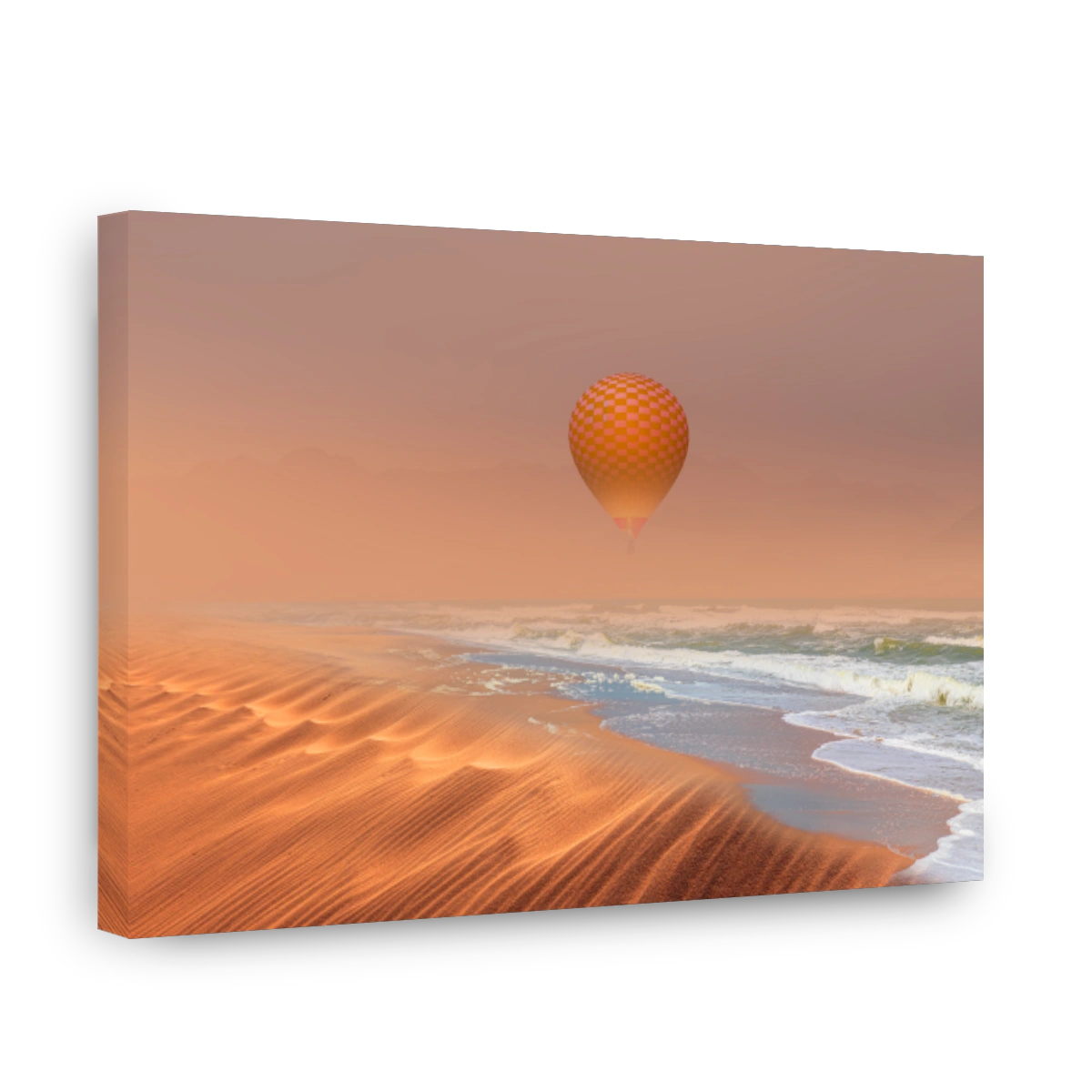 Hot air balloon flying over Namib desert with Atlantic ocean meets near Skeleton coast - Namibia, South Africa