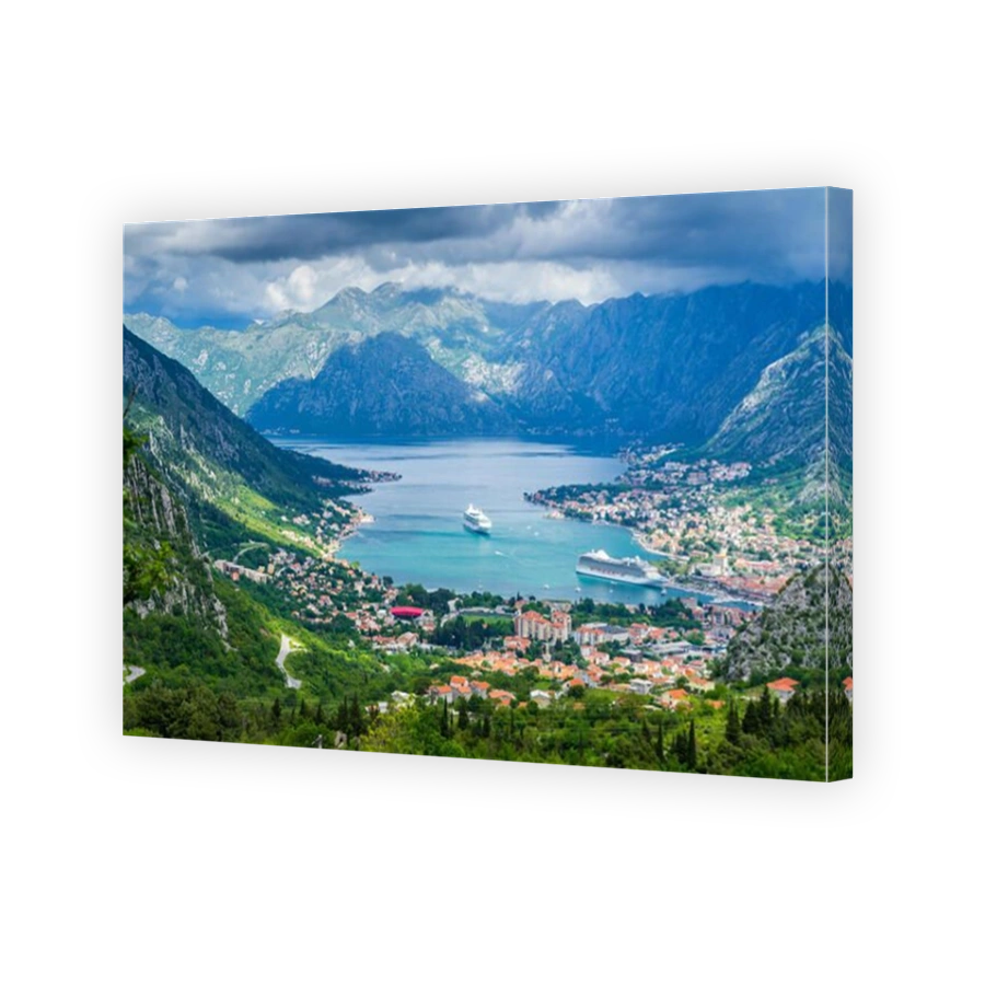 Montenegro, Bay of kotor city with many houses, waterside and harbor with two cruise ships inside pretty mountains nature landscape