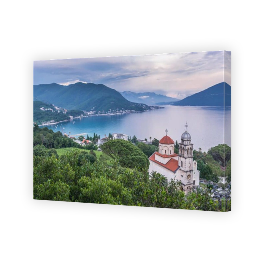 View on Bay of Kotor with Great Temple of Dormition of Mother of God in Savina Monastery in Savinska Dubrava park in Herceg Novi, Montenegro